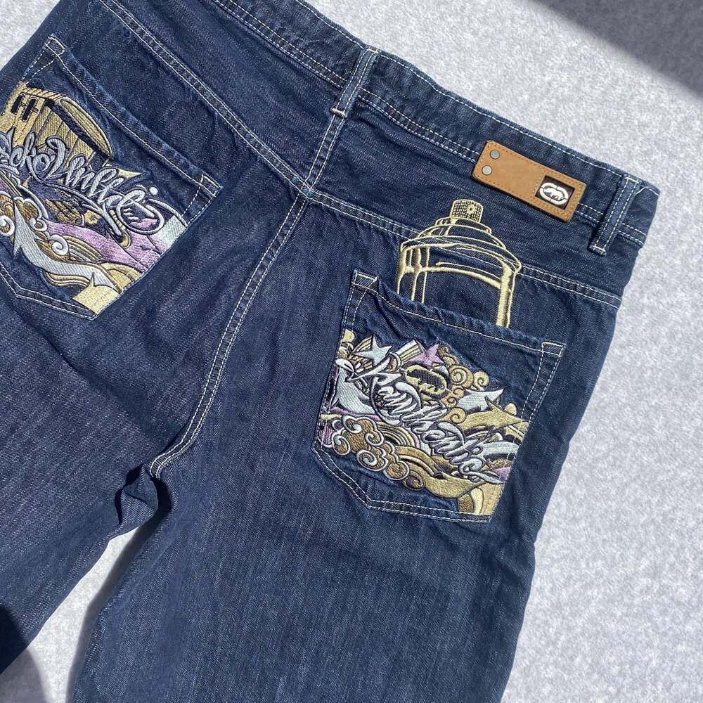 Ecko Unltd. Mens Baggy Fit Blue Denim Shorts Embroidered Logo 5 Pocket Zip